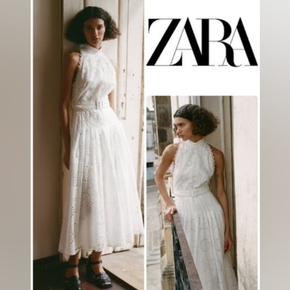 ZARA Openwork Embroidered Midi Dress ZW COLLECTION oyster white Nwt